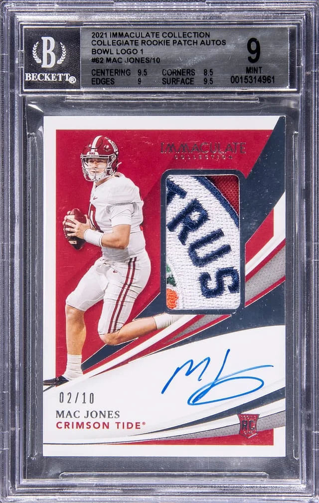 2021 Panini Immaculate Collection Mac Jones Collegiate Patch Autograph (RPA) Bowl Logo 1 #62 card image