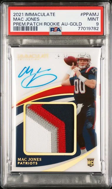 2021 Panini Immaculate Collection Mac Jones Premium Patch Autograph Gold #PPA-MJ card image
