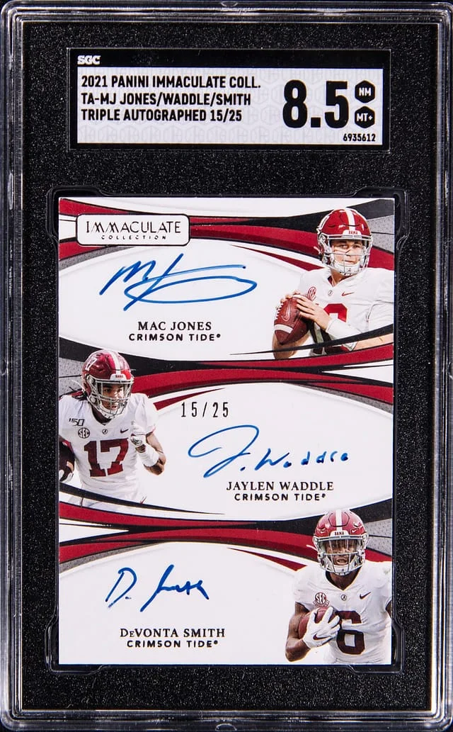 2021 Panini Immaculate Collection Mac Jones/Jaylen Waddle/DeVonta Smith Multi-Signed Triple Autographed #TA-MJ card image