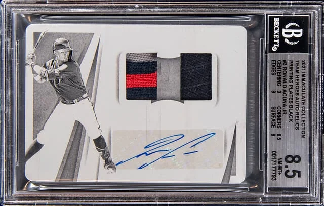 2021 Panini Immaculate Collection Ronald Acuña Jr. Team Heroes Autograph Relics Printing Plates Black #TH-RAJ card image
