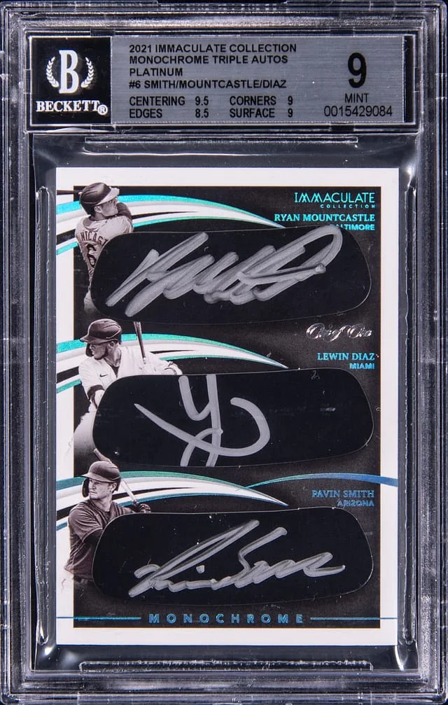 2021 Panini Immaculate Collection Ryan Mountcastle/Lewin Diaz/Pavin Smith Multi-Signed Monochrome Triple Autographs Platinum #6 card image