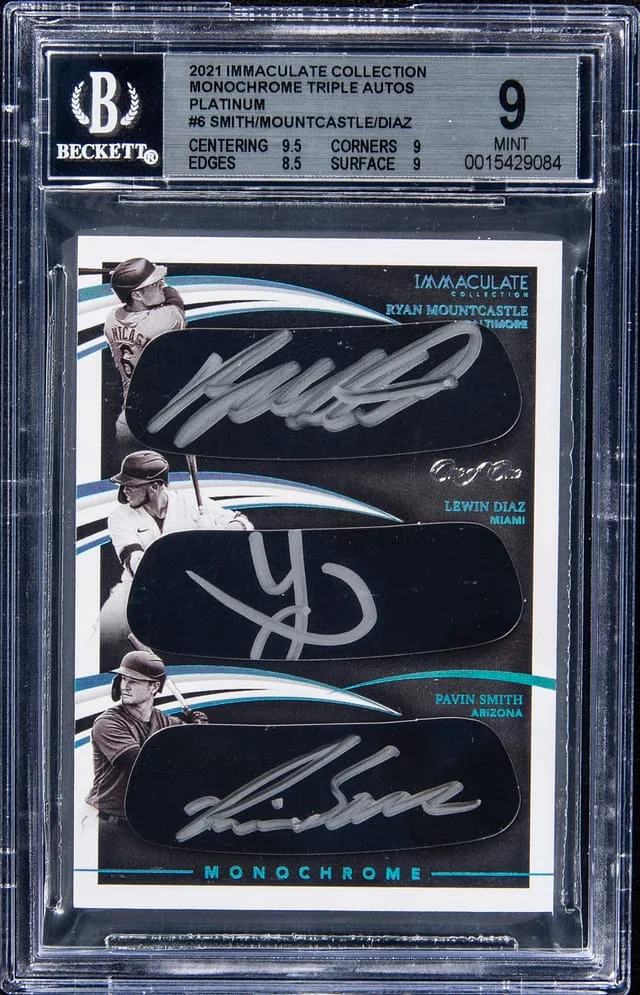 2021 Panini Immaculate Collection Ryan Mountcastle/Lewin Diaz/Pavin Smith Multi-Signed Monochrome Triple Autographs Platinum #MT-MDS card image
