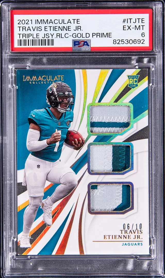 2021 Panini Immaculate Collection Travis Etienne Jr. Triple Jersey Relics Gold Prime #ITJTE card image