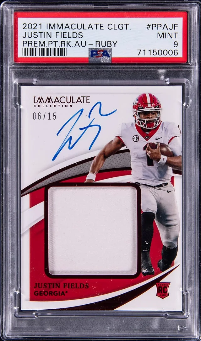 2021 Panini Immaculate Justin Fields Collegiate Premium Patch Autograph (RPA) Ruby #PPAJF card image