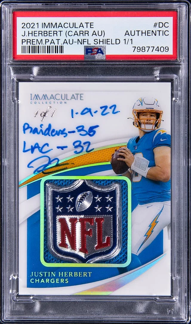2021 Panini Immaculate Justin Herbert Premium Patch Autograph NFL Shield #PPA-DC card image