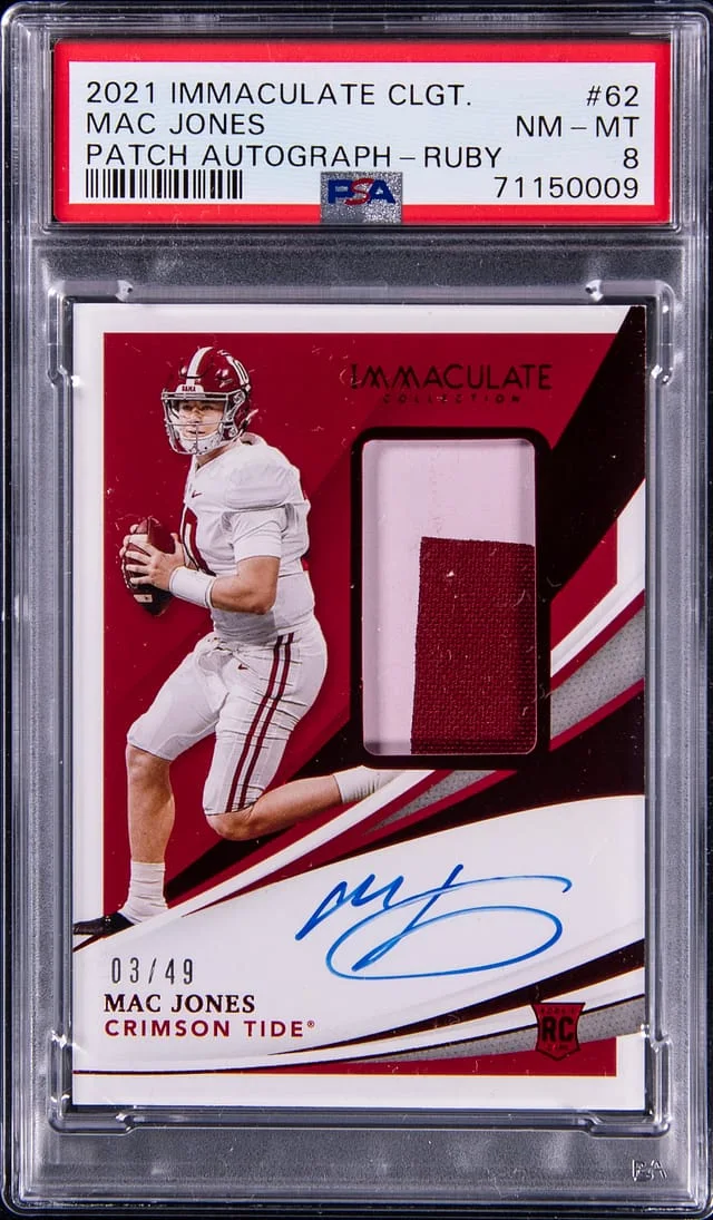 2021 Panini Immaculate Mac Jones Collegiate Patch Autograph (RPA) Ruby #62 card image