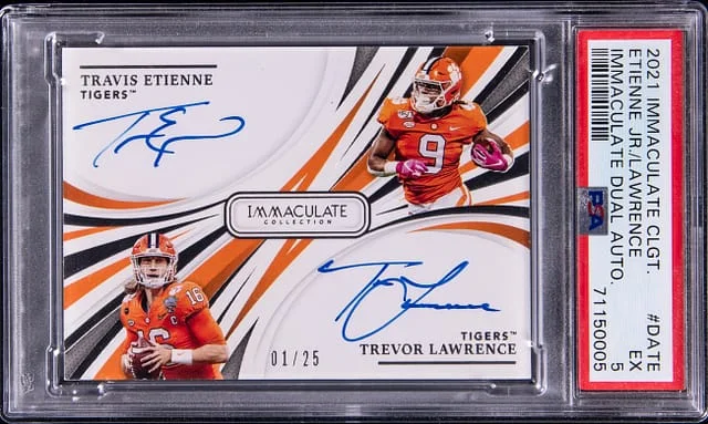 2021 Panini Immaculate Travis Etienne Jr./Trevor Lawrence Collegiate Dual Autograph #DATE card image