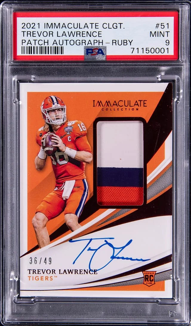 2021 Panini Immaculate Trevor Lawrence Collegiate Patch Autograph (RPA) Ruby #51 card image