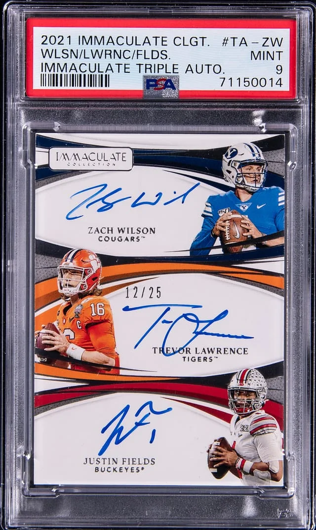 2021 Panini Immaculate Zach Wilson/Trevor Lawrence/Justin Fields Multi-Signed Collegiate Triple Autograph #TA-ZW card image