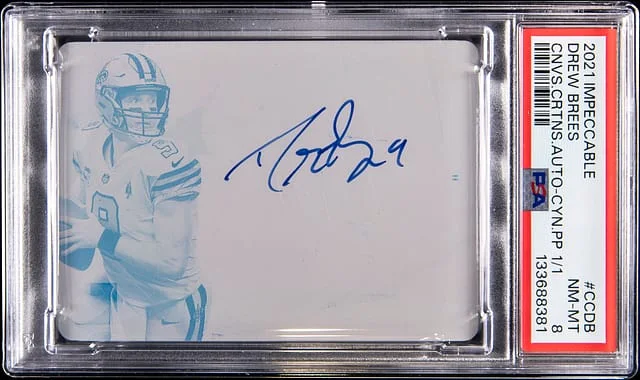 2021 Panini Impeccable Drew Brees Autograph Cyan Printing Plate #CC-DB card image