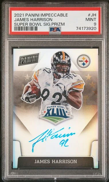 2021 Panini Impeccable James Harrison Super Bowl Signatures Prizm #JH card image