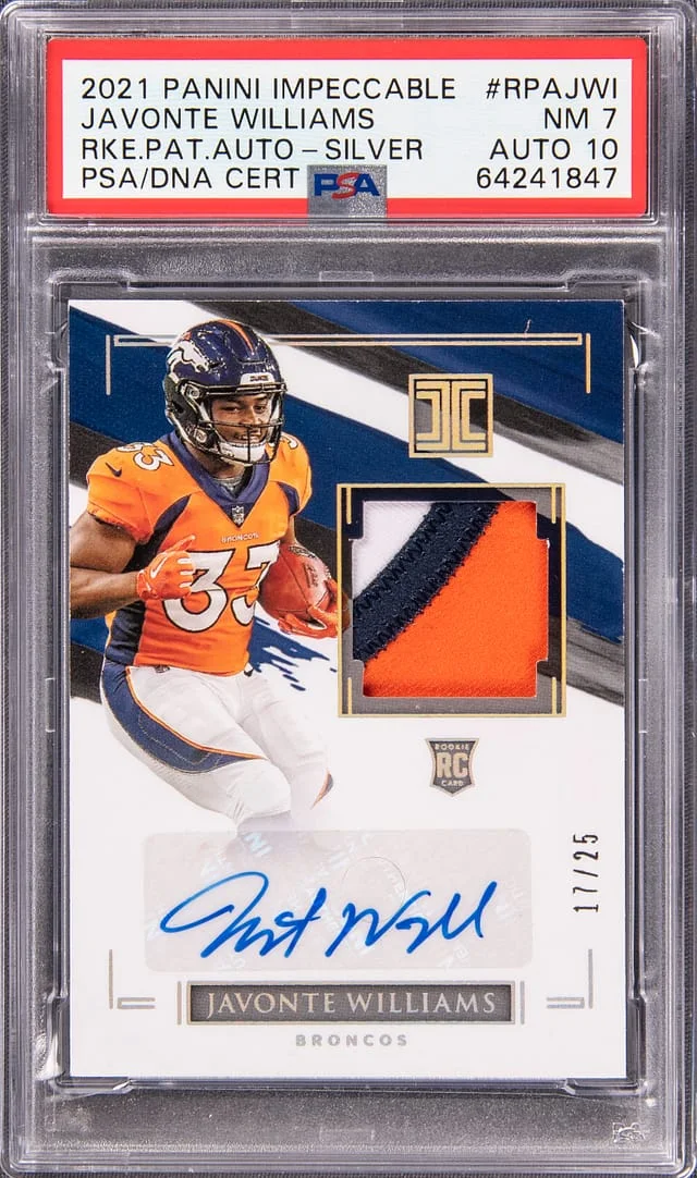 2021 Panini Impeccable Javonte Williams Patch Autograph Silver #RPA-JWI card image