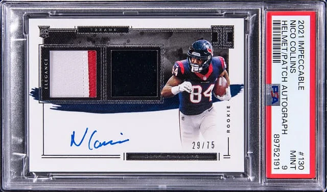 2021 Panini Impeccable Nico Collins Helmet/Patch Autograph #130 card image