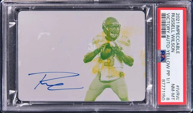 2021 Panini Impeccable Russell Wilson Victory Autograph Yellow Printing Plate #IV-RW card image