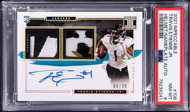 2021 Panini Impeccable Travis Etienne Jr. Helmet/Nameplate Autograph #108 card image