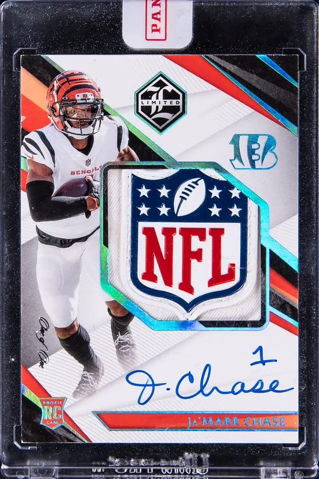2021 Panini Ja'Marr Chase Limited Patch Autograph (RPA) Sapphire #149 card image