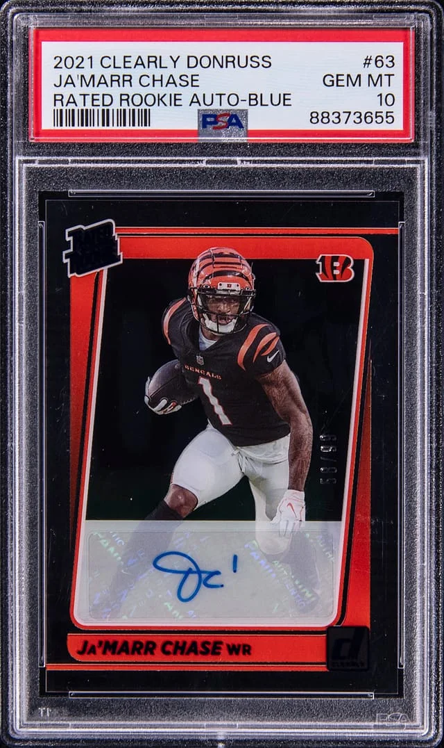 2021 Panini Ja'Marr Chase Clearly Donruss Rated Autograph Blue #63 card image