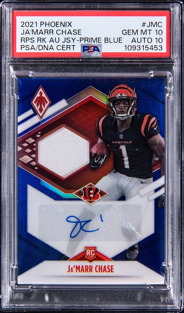 2021 Panini Ja'Marr Chase Phoenix RPS Autograph Jersey Prime Blue #RJA-JMC card image
