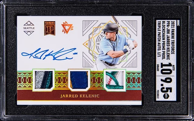 2021 Panini Jarred Kelenic Triforce Blockchain Prime Prospects Triple Patch Autograph #PPA-JRK card image
