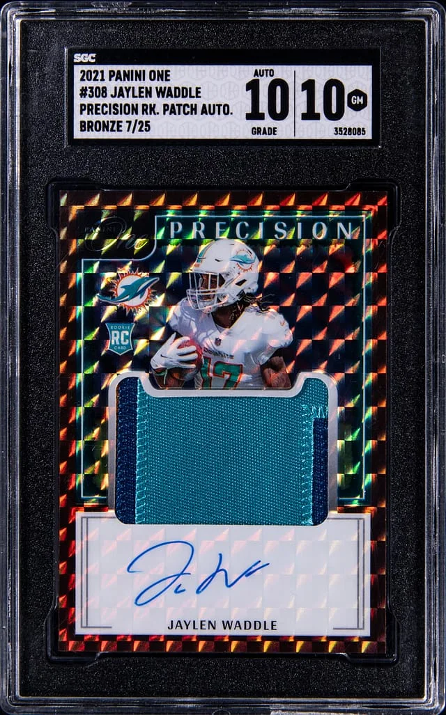 2021 Panini Jaylen Waddle One Precision Patch Autograph Bronze #308 card image