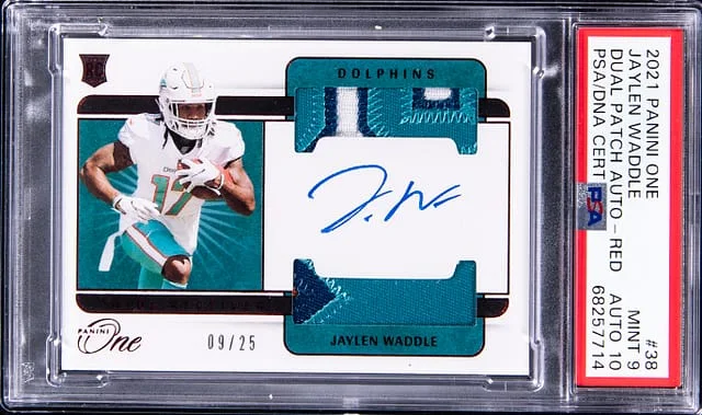 2021 Panini Jaylen Waddle One Dual Patch Autograph Red #38 card image