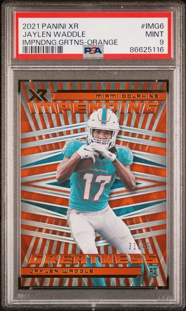 2021 Panini Jaylen Waddle XR Impending Greatness Orange #IM-G6 card image