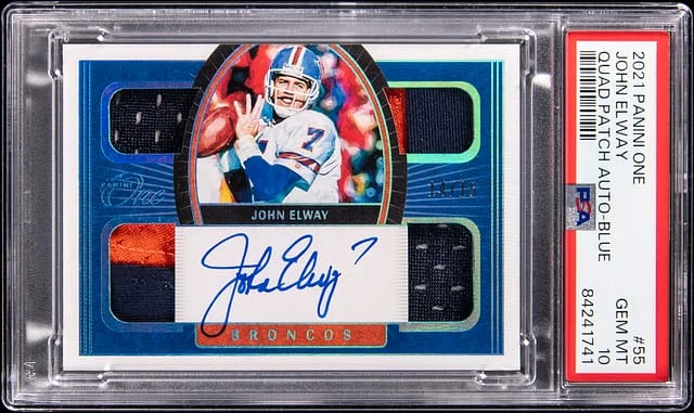 2021 Panini John Elway One Quad Patch Autographs Blue #55 card image