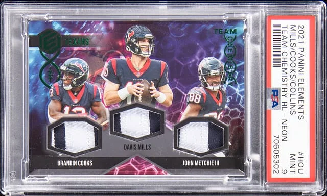 2021 Panini John Metchie III/ Davis Mills/ Brandin Cooks Elements Team Chemistry Relic Neon #TC-HOU card image