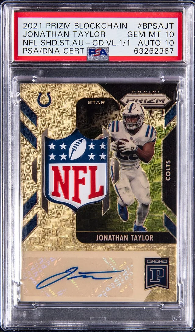 2021 Panini Jonathan Taylor Blockchain NFL Shield Sticker Autographs Gold Vinyl #BPSA-JT card image