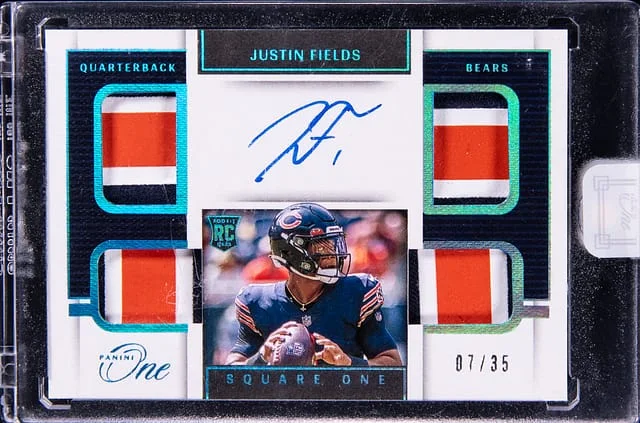 2021 Panini Justin Fields One Blue Jersey Autograph #74 card image