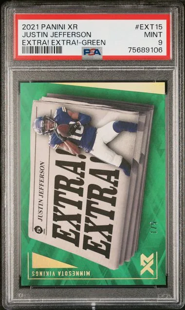 2021 Panini Justin Jefferson Xr Extra! Extra! Green #EXT15 card image