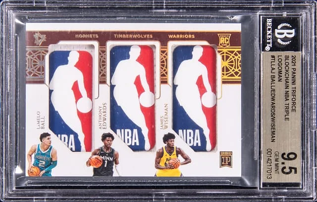 2021 Panini LaMelo Ball/Anthony Edwards/James Wiseman TriForce Blockchain NBA Triple Logoman #TL-LAJ card image
