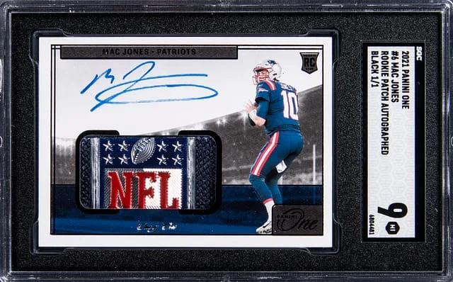 2021 Panini Mac Jones One Patch Autograph (RPA) Gold #6 card image