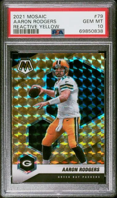 2021 Panini Mosaic Aaron Rodgers Reactive Yellow #79 card image