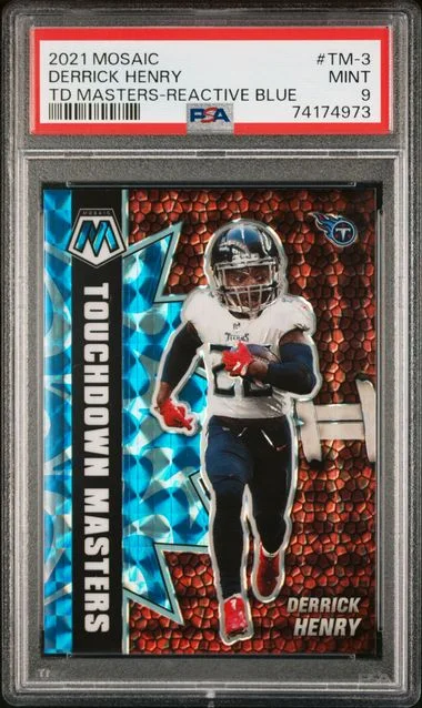 2021 Panini Mosaic Derrick Henry Touchdown Masters Reactive Blue #TM-3 card image