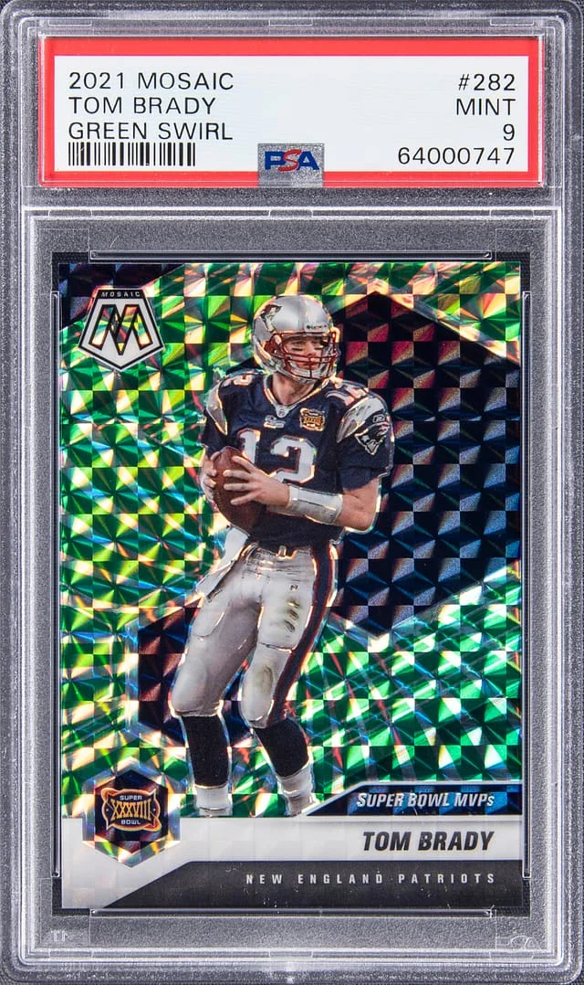 2021 Panini Mosaic Football Tom Brady Super Bowl MVPs Green Swirl Prizm #282 card image