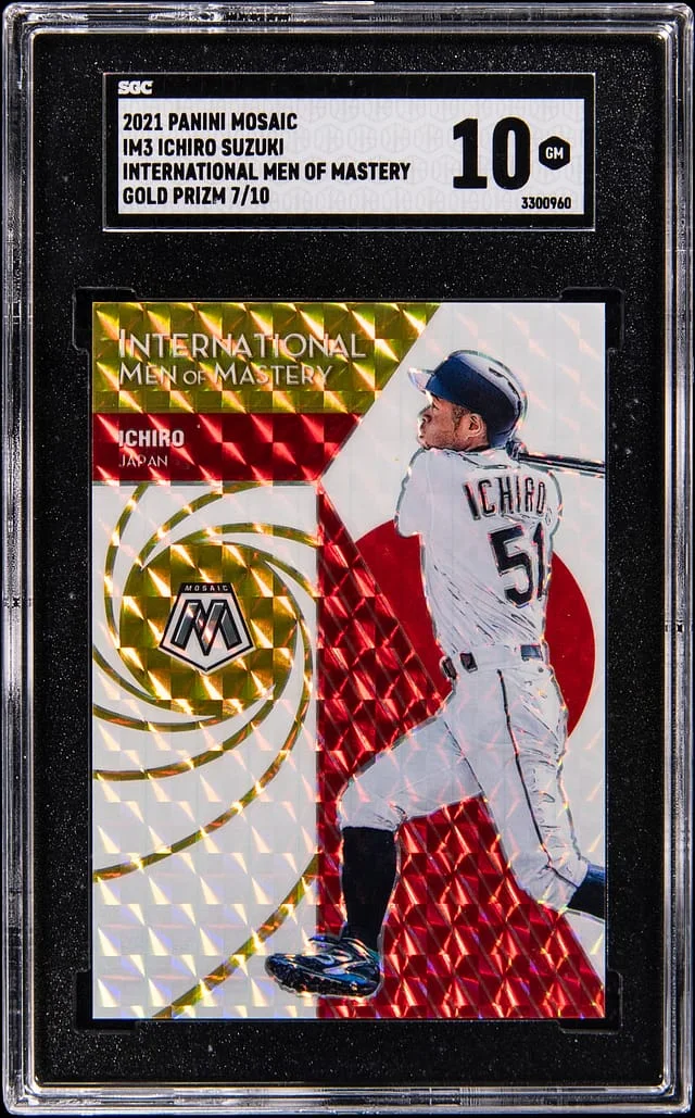 2021 Panini Mosaic Ichiro Suzuki International Men of Mastery Gold Prizm #IM3 card image