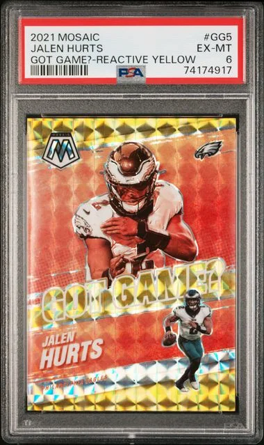 2021 Panini Mosaic Jalen Hurts Got Game? Reactive Yellow #GG-5 card image