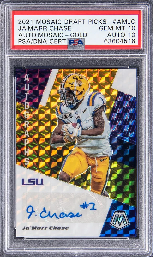 2021 Panini Mosaic Ja'Marr Chase Draft Picks Autographs Gold Prizm #JC card image