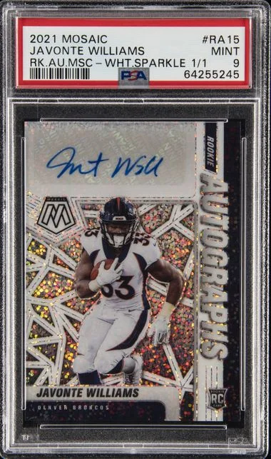 2021 Panini Mosaic Javonte Williams Autographs Mosaic White Sparkle 1/1 #RA15 card image