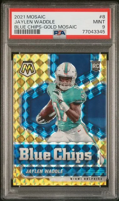 2021 Panini Mosaic Jaylen Waddle Blue Chips Gold Mosaic Prizm #8 card image