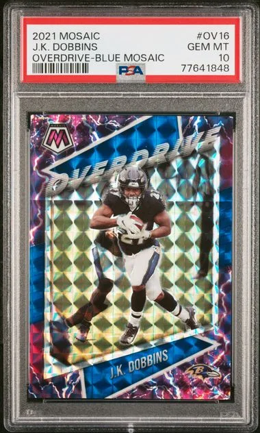 2021 Panini Mosaic J.K. Dobbins Overdrive Blue Mosaic #OV16 card image