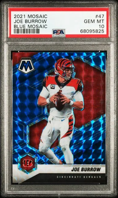2021 Panini Mosaic Joe Burrow No Huddle Blue #47 card image