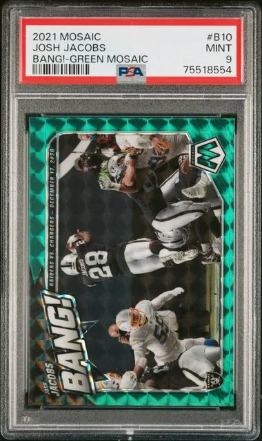 2021 Panini Mosaic Josh Jacobs Bang! Green Mosaic #B10 card image