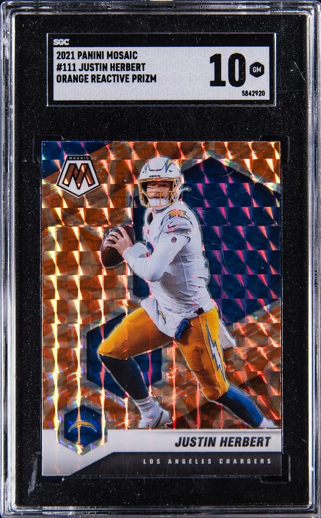 2021 Panini Mosaic Justin Herbert Orange Reactive Prizm #111 card image
