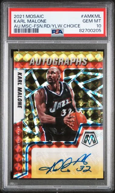 2021 Panini Mosaic Karl Malone Autographs Mosaic Fusion Red/Yellow Choice #AMKML card image