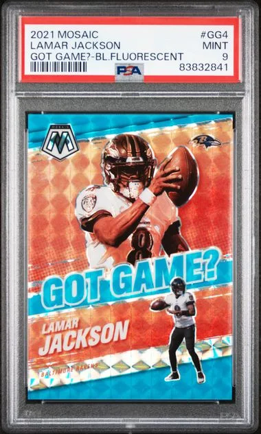 2021 Panini Mosaic Lamar Jackson Got Game? Blue Fluorescent #GG4 card image