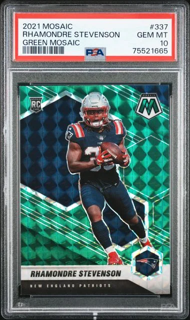2021 Panini Mosaic Rhamondre Stevenson Green Mosaic #337 card image