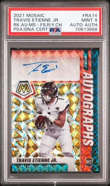 2021 Panini Mosaic Travis Etienne Jr. Autographs Mosaic Fusion Red/Yellow Choice #RA14 card image