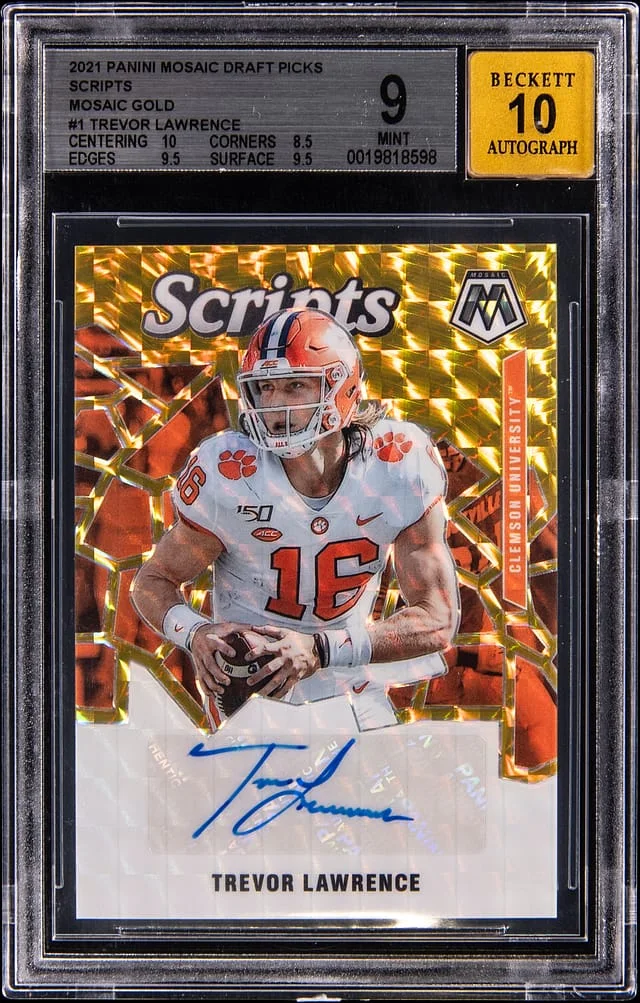 2021 Panini Mosaic Trevor Lawrence Draft Picks Scripts Mosaic Gold #SM-TL card image